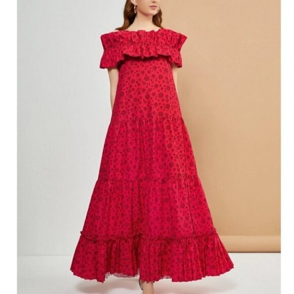 Floral Print Cold Shoulder Ruffle Trim Smock Maxi Dress red - Picture 8 of 8